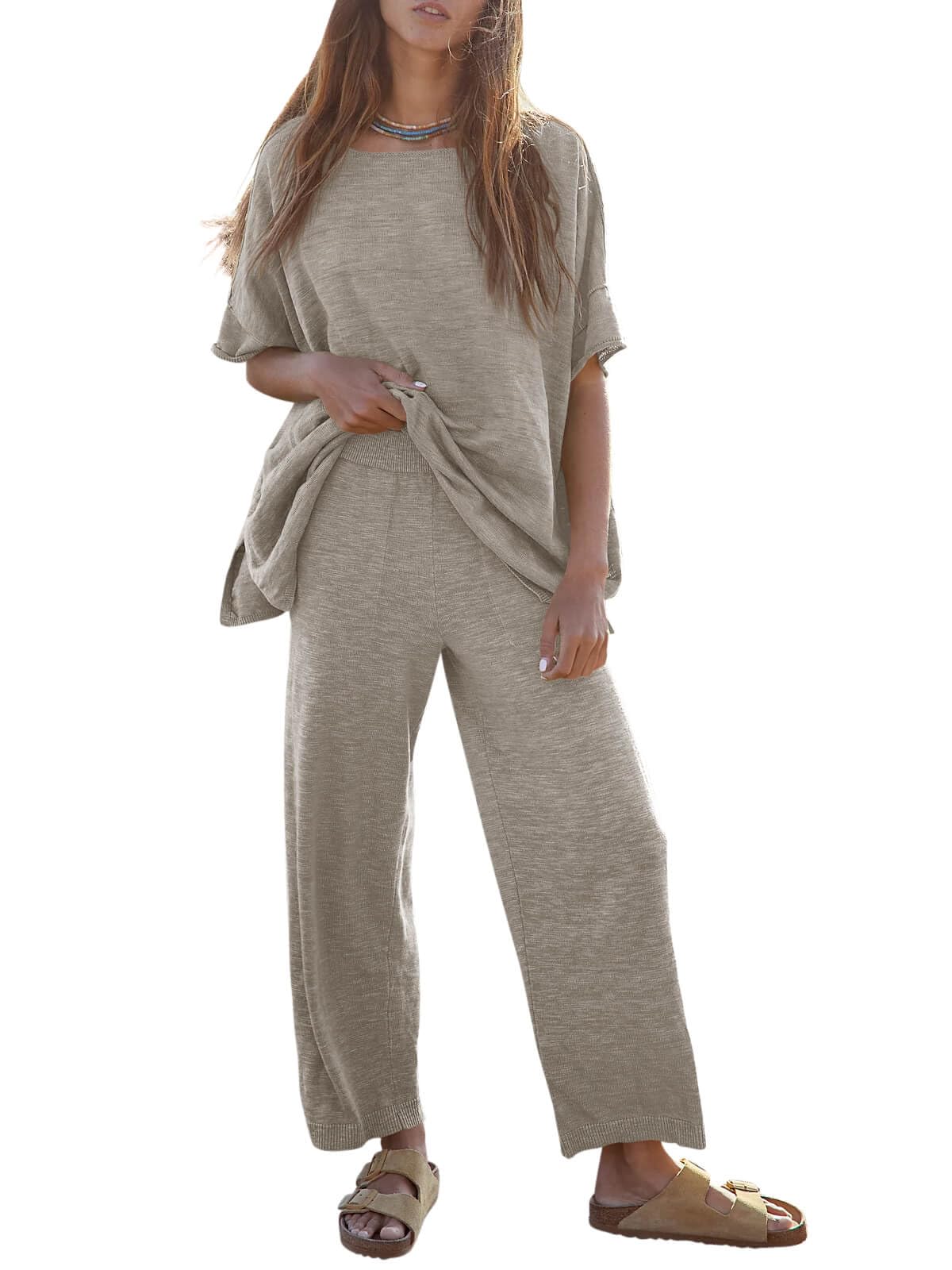 Tankaneo Women's 2 Piece Travel Outfits Casual Short Sleeve Knit Sweater Set Wide Leg Pants Lounge Sets Tracksuit