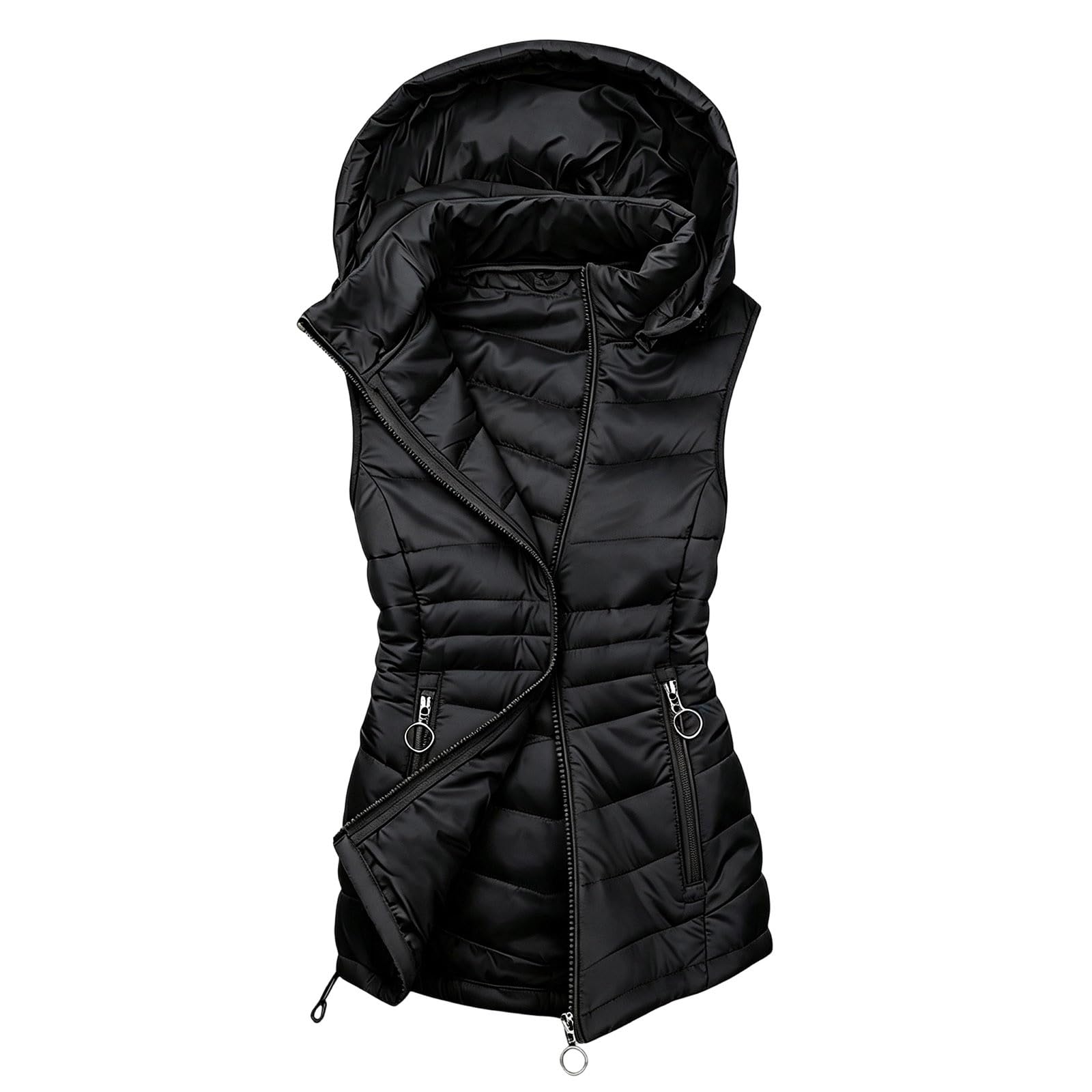 Gilet da donna con cappuccio invernale casual Puffer gilet donna longline colletto alla coreana giacche senza maniche con cerniera cappotti trapuntati imbottiti di media lunghezza con tasche con