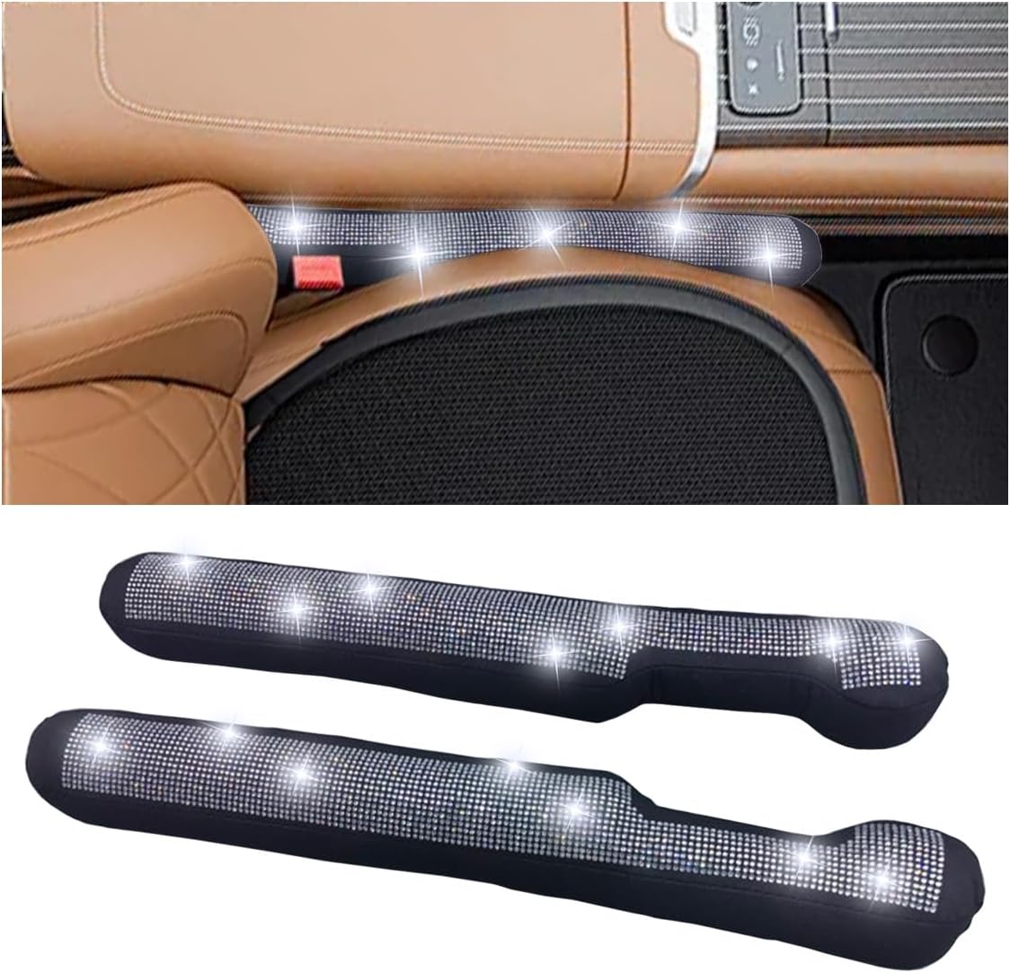 2PCS Car Seat Gap Filler, Handmade Crystal Diamond Rhinestone Seat Gap Blocker to Fill The Gaps Between Seat and Console Blocker, Bling Car Accessories for Car SUV Truck (White)