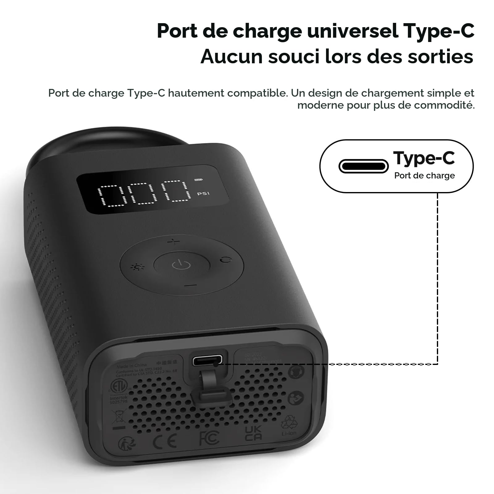 Mi Mijia Air Pump 2D, Compresseur Electrique Portable, Lampe Torche Intégrée, Affichage Précis du Niveau de Batterie, Gonfle sous Tous Les Angles