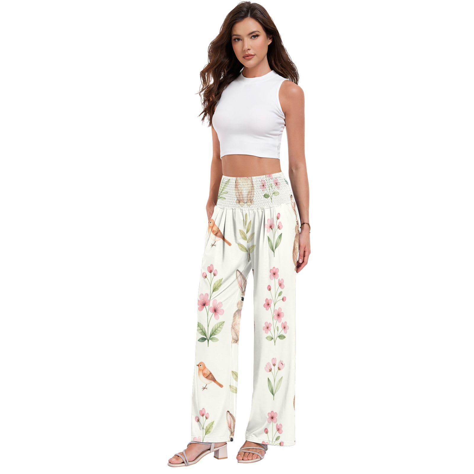 FRODOTGV Cottontail Bloom - Pantalones Palazzos para mujer, resistentes a las arrugas, pantalones casuales de viaje