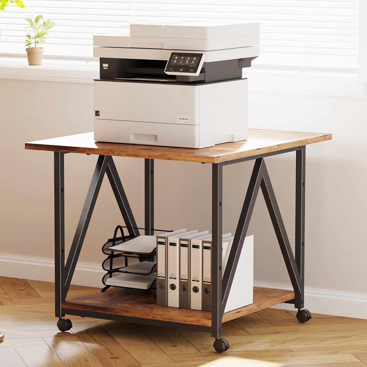 2-Tier Printer Stand, Printer Table with Storage, Industrial Printer Storage Cart with Wheels, Rolling Printer Stand for Heat Press Scanner Fax, Brown 2 Tier