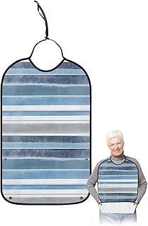 BOBOWUNY Blue Nordic Style Stripes Adult Bibs for Elder Women Men Eating, Blue Gray Texture Waterproof & Washable Bibs for Eating Clothing Protector Dining Bibs for Crumb Catcher