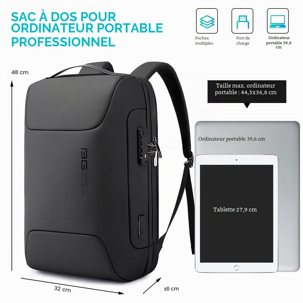 BANGE Sac à dos antivol avec port de charge USB, sac à dos d'affaires léger pour homme et femme, Noir (mise à niveau)., Medium, Ordinateur portable7216