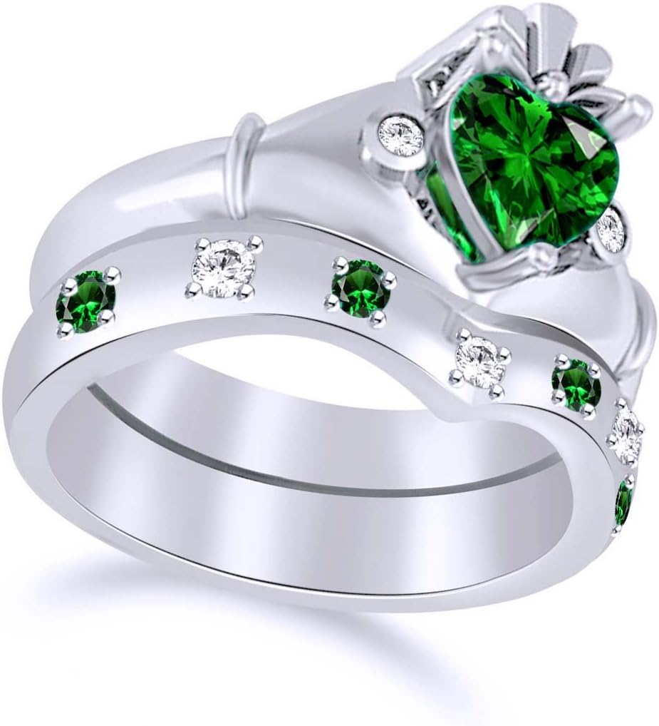AFFY Heart Cut Simulated Emerald & White Cubic Zirconia Claddagh Wedding Ring Set in925 Sterling Silver