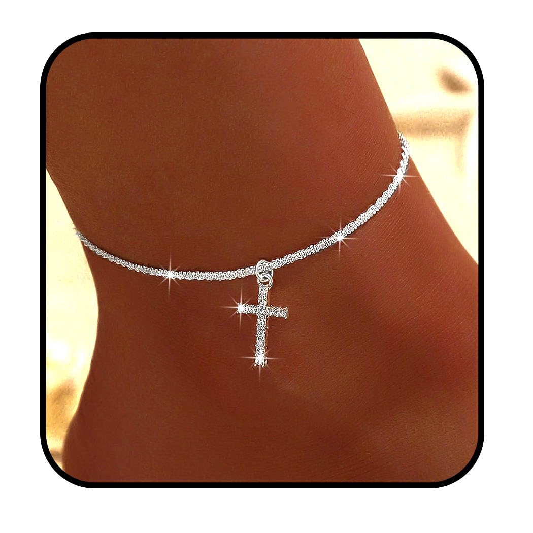 925 Sterling Silver Ankle Bracelets for Women Dainty 14K Gold Plated Anklets Set Shiny Waterproof Ankle Chain Cross Beach Foot Jewelry Gifts