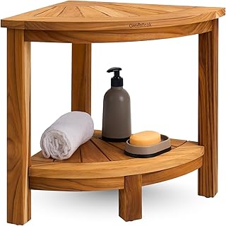 Shower Bench, Waterproof Teak Shower Stool, Wooden Stool for Bathroom, Teak Wood Shower Seat Chair for Shower Storage Shelf, 300 Lbs Capacity, Provides Safety (15.7" 2-Tier Shelf)