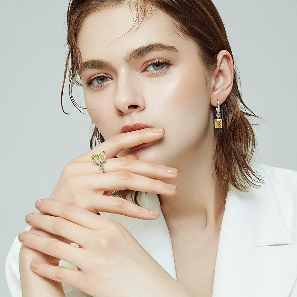 14K Gold over S925 Rectangular 4CT Yellow Moissanite/Aquamarine Dangle Earrings,Ideal Jewelry for Party - Image 4