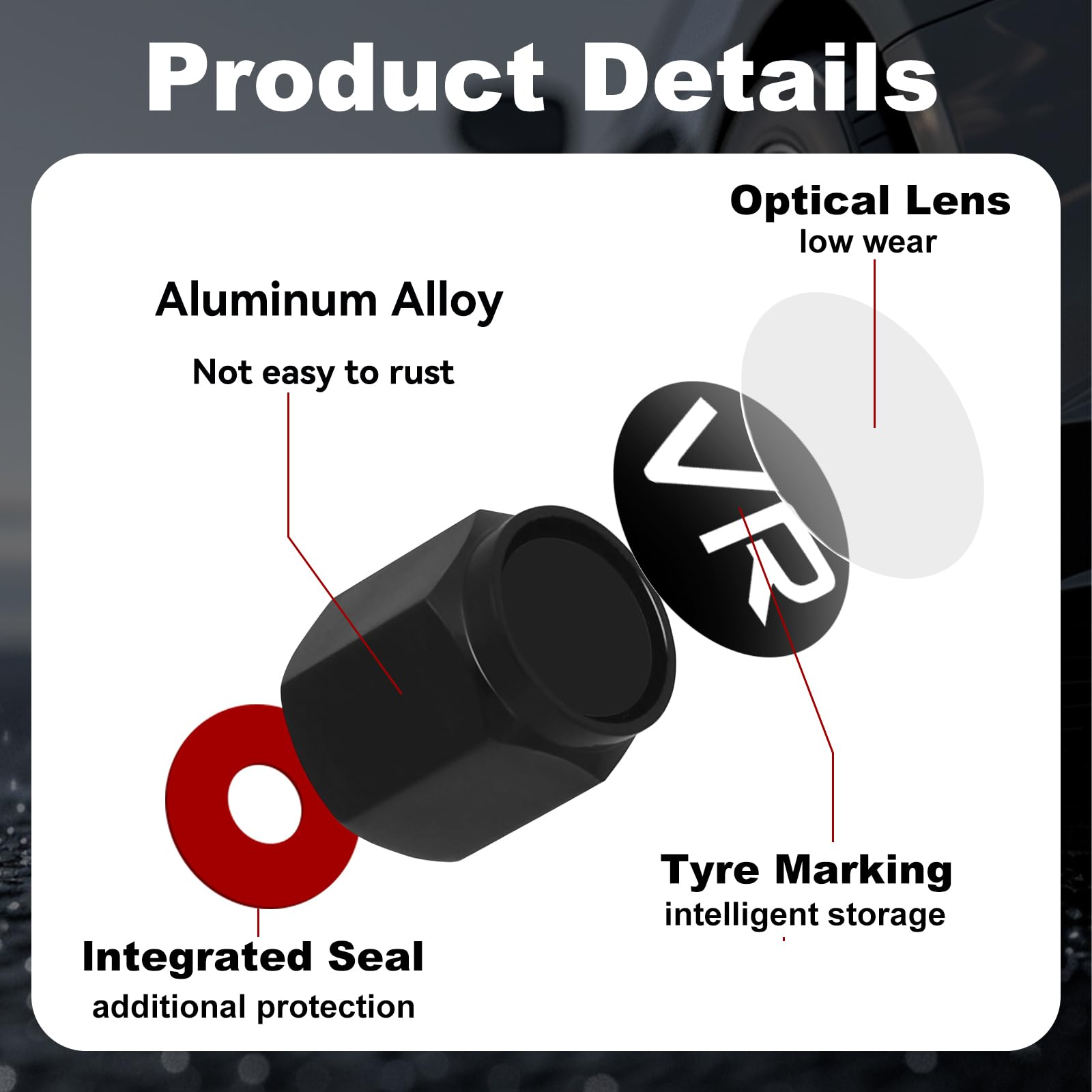 NVGVUP 16 Stück Ventilkappen Auto mit Beschriftung: Aluminium Ventildeckel Set, Schwarz Autoventil Kappe, Reifenmarkierer Valve Cap für SUV PKW UVM Mottorad Fahrrad Autoreifen - 3