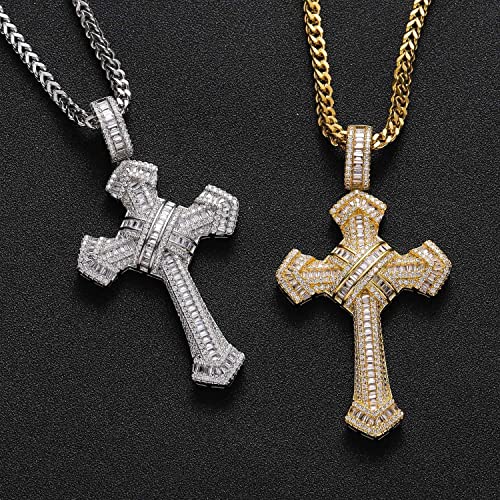 Sterling Silver and Stainless Steel Cross Necklace with Large Silver Pendant Chain, Hip Hop Style, Inlaid with Sparkling Cubic Zirconia, Fashion Statement Jewelry for Men and Women, Perfect for Any Occasion3