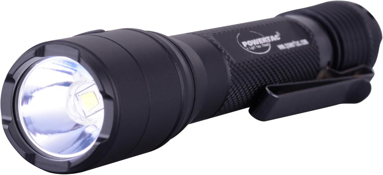 Close-up of PowerTac Valor flashlight head and body