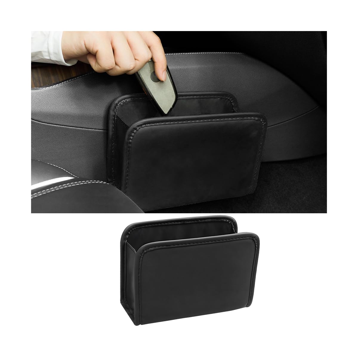 Osilly - Cubo de basura plegable de cuero para coche, organizador multifunción para interior de coche, contenedor colgante, accesorios universales para SUV, sedán y camión, color negro