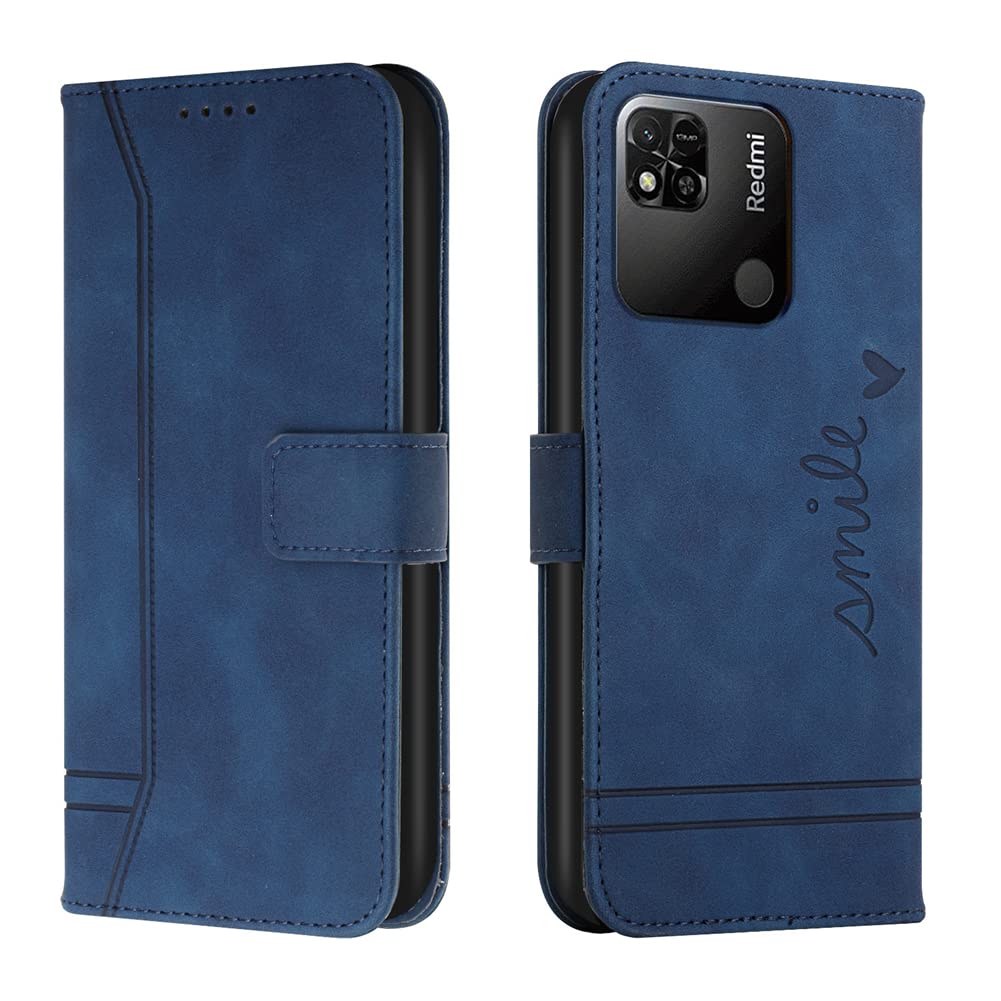 IMEIKONST Compatible with Redmi 10A Case, Premium Leather Flip Folio Book Wallet with 3 Card Slots Magnetic Closure Stand Shockproof Bumper Protective Cover for Redmi 10A. Blue HXA