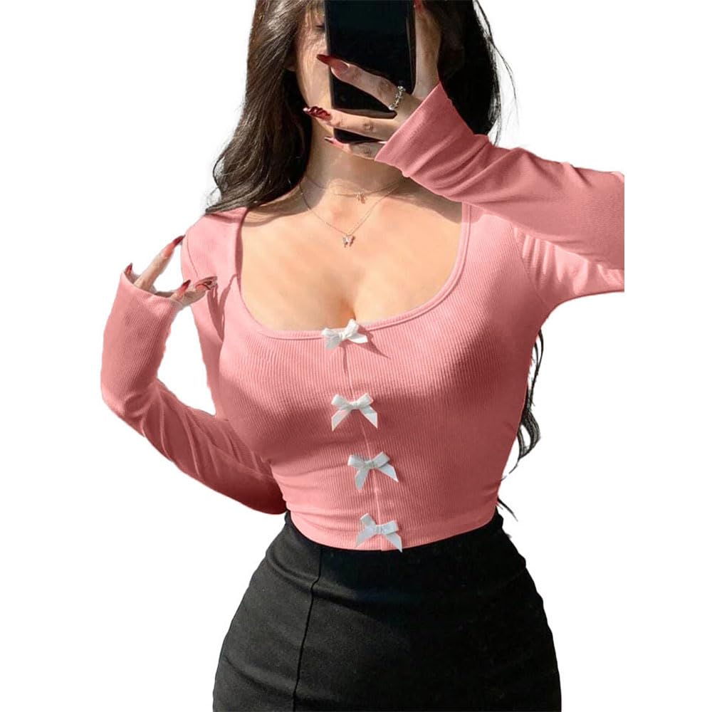 glare & blair Solid Lace Trim Bow Front Scoop Neck Long Sleeve Western Y2k Ribbed Tops for Women-picture-39