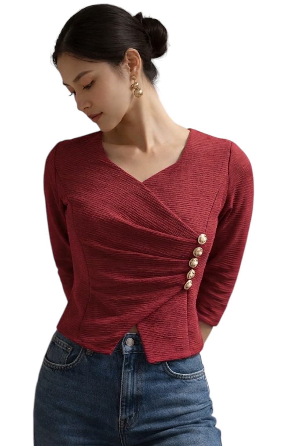 iuga Women’s Wrap Style Top with Side Button Detail – Slim Fit Casual Chic Blouse-picture-12