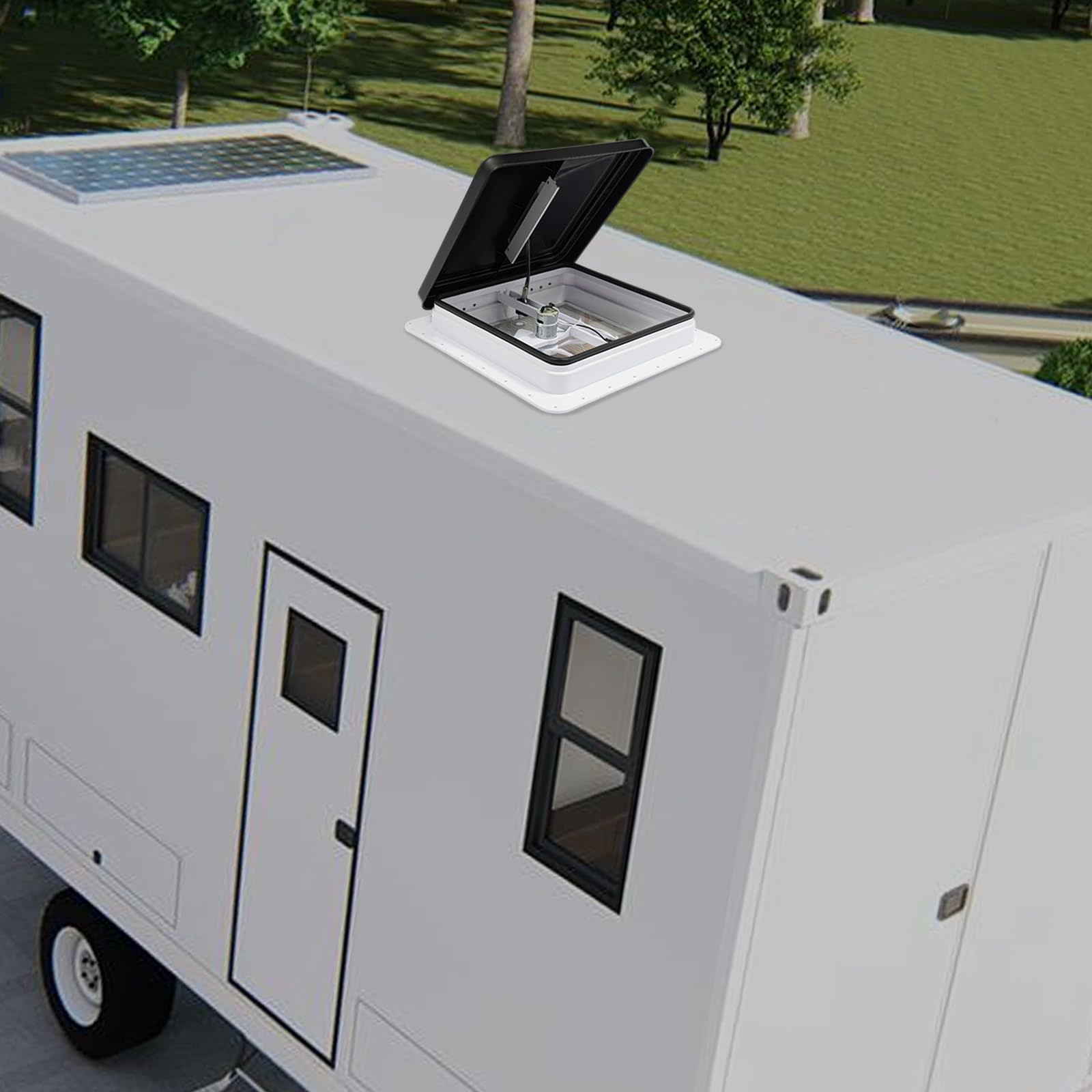 Dachluke für Wohnmobil 42x42cm, Dachventilator Kunststoff schwarz-weiß, 35x35cm Innenmaß, 14x14 Zoll Standardöffnung, Universal Dachhaube für Reisemobil und Caravan