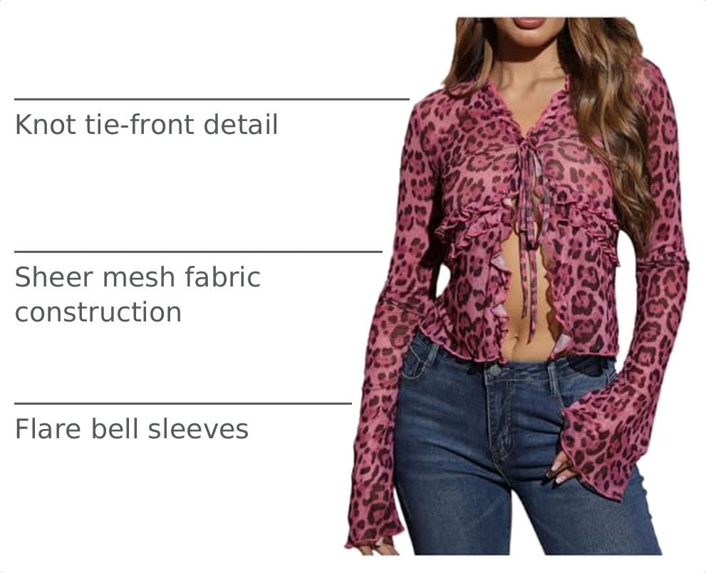Image of RoseSeek Women's Y2k Leopard Mesh V Neck Tie Front Bell Sleeve T Shirt Tops