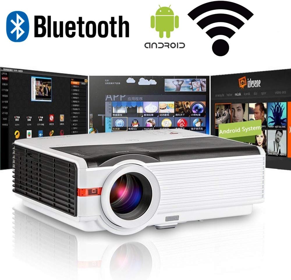 ZCGIOBN Wireless Wifi Bluetooth Projector for Home Theater 5000 Lumens WXGA Android LED LCD Movie Gaming Projector with 2 HDMI 2 USB VGA AV Audio Out for Smartphone Laptop TV DVD Roku PS4 PC Outdoor