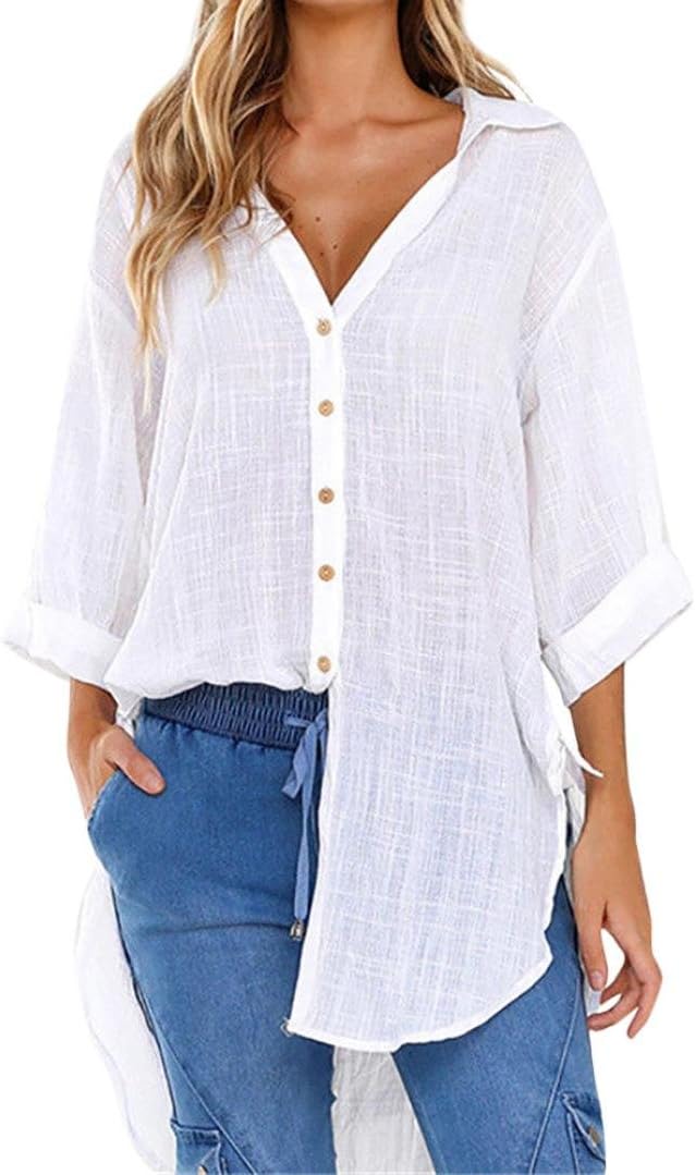 VJGOAL Womens Summer Loose Button Long Shirt Dress Cotton Ladies Casual Tops T-Shirt Blouse