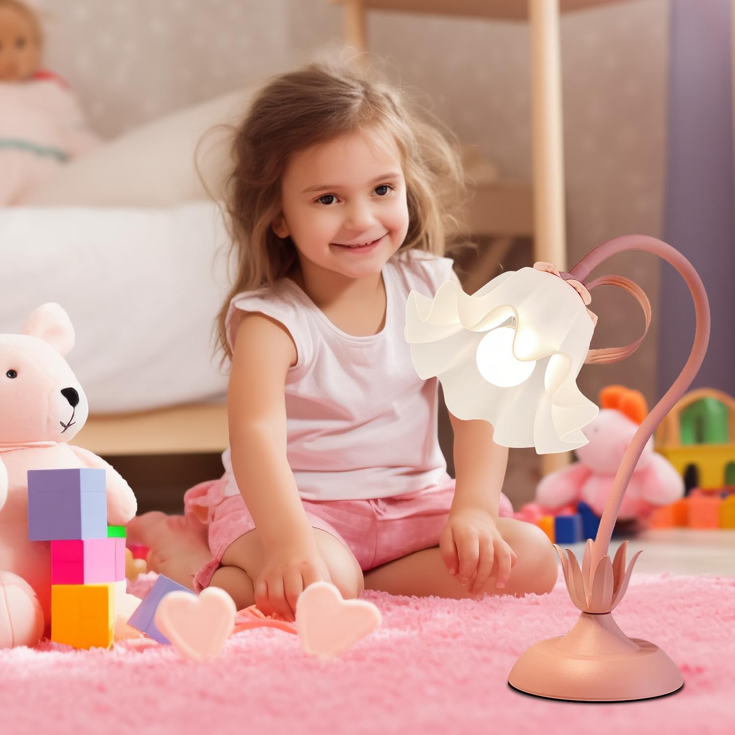 WERFOP Flower Table Lamp, LED Reading Light Vintage Bedside Table Lamp with 3 Color Modes for Nightstand, Kawaii Decoration for Home Bedroom Living Room (Pink)