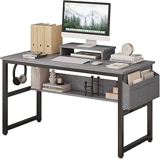 TREETALK Computer Desk, Industrial Writing Desk with Storage Bag, 47in Computer PC Laptop Table with Bookshelf and Wood Monitor Stand Riser, Dining Gaming Table for Home Office (Light Grey)