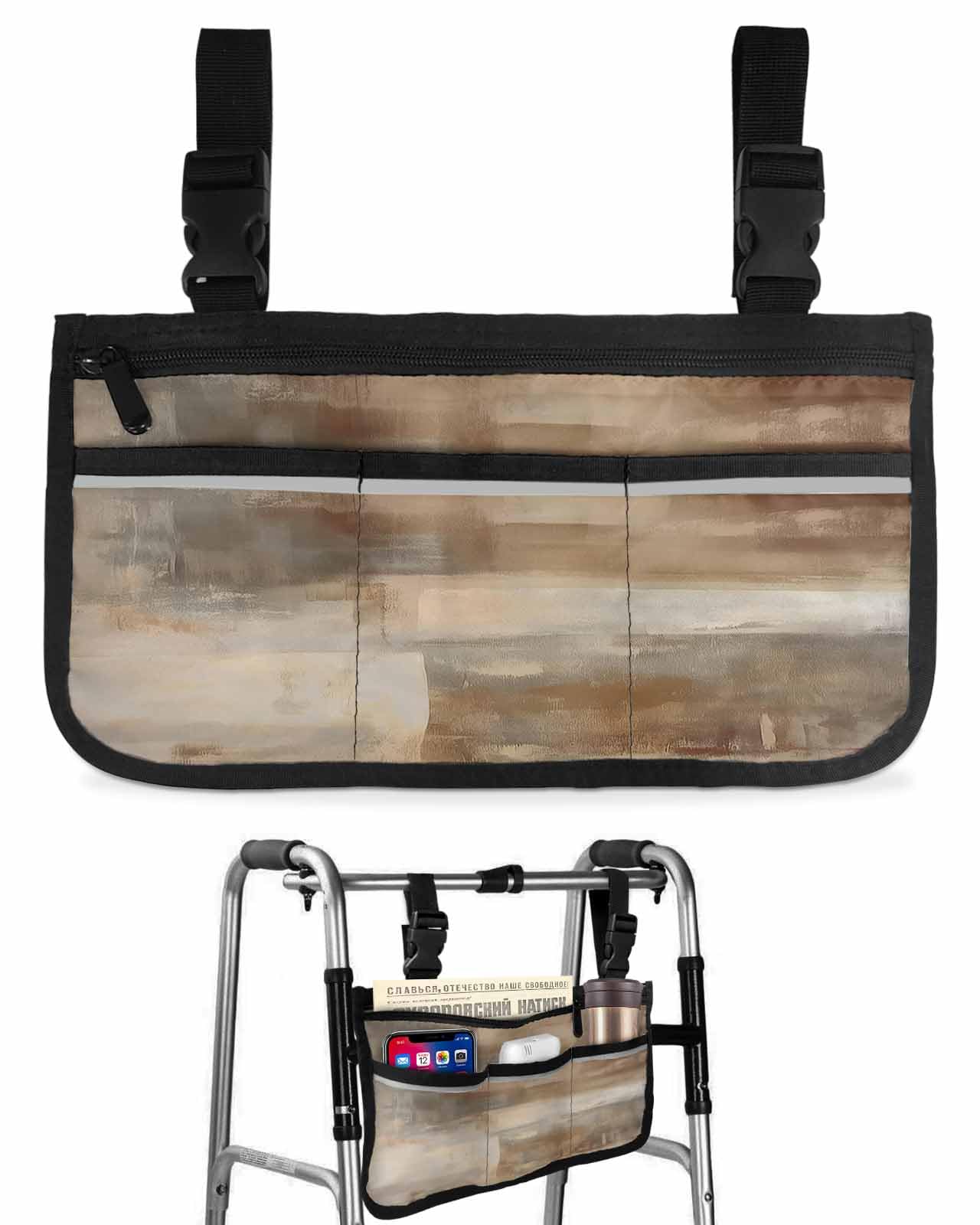 Anzona Brown Gray Ombre Wheelchair Side Bag Walker Bag, Abstract Modern Oil Painting Art Wheelchair Accessories Armrest Pouch, Organizer Storage Bag for Walkers, Rollators, Scooters, 7.3''x13''