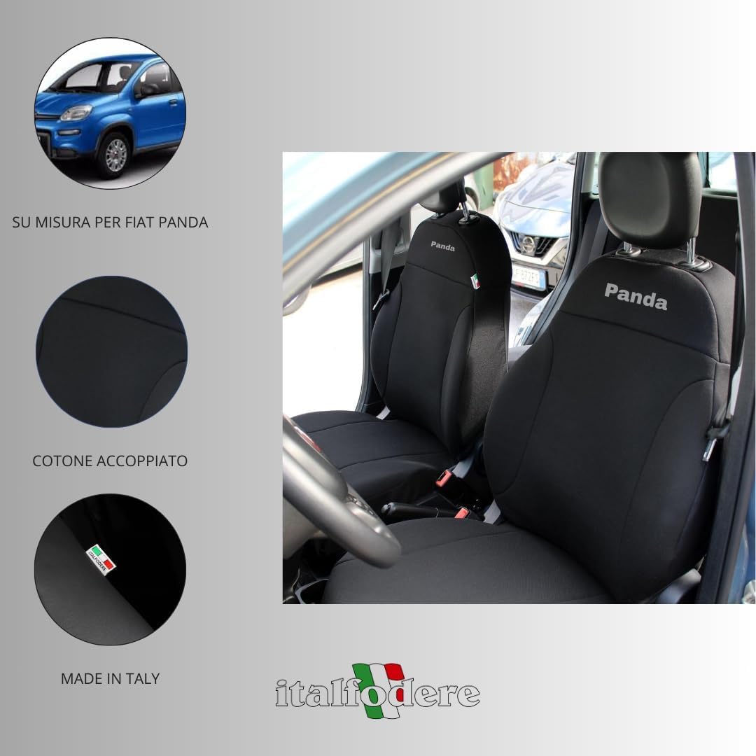 Italfodere Coprisedili Anteriori Compatibili Fiat Panda 2012 III Serie Cotone Accoppiato Nero