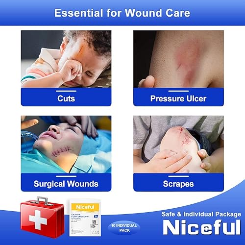 Miniatura 36 de Apósito de espuma de silicona de 4 x 4 pulgadas, vendajes de silicona impermeables con adhesivo de borde, vendajes de alta absorción, vendajes