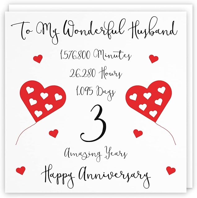 Hunts England Romantic Husband 3rd Wedding Anniversary Card - To My Wonderful Husband - 3 Amazing Years - Timeless Collection - Standard - 148 x 148 mm