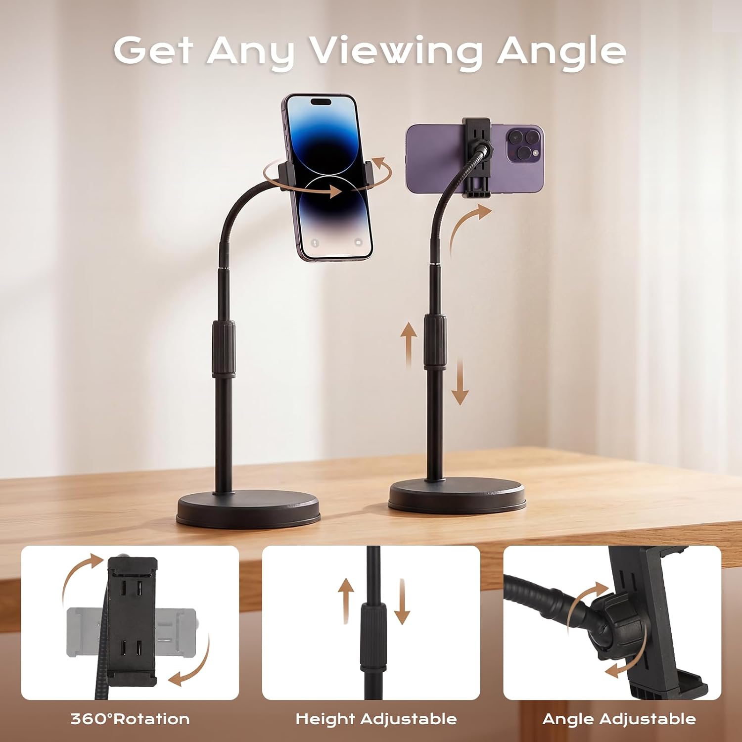 Overhead Phone Mount, Overhead Desktop Phone Holder with Rotating Arm Holder and Base, Adjustable Angles for Photo Video Capture, Online Meeting