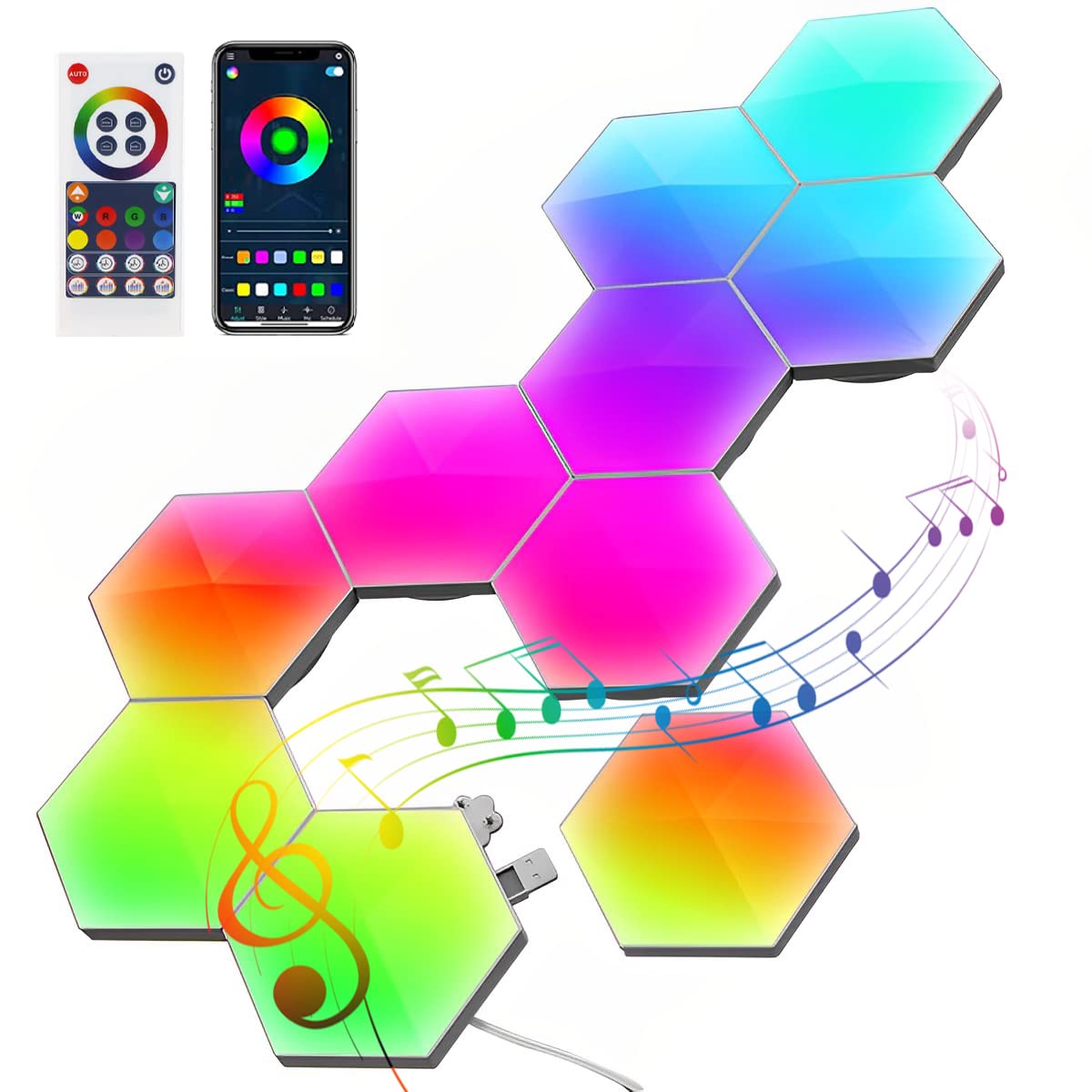 JTWEB Hexagon LED Wall Lights - Gaming Lights, Smart Modular RGB-IC Honeycomb Light with APP Remote Control and Music Sync Setup Lighting Bars DIY Geometry Module, 10 Pcs (20ZH00zy298377is405k3)