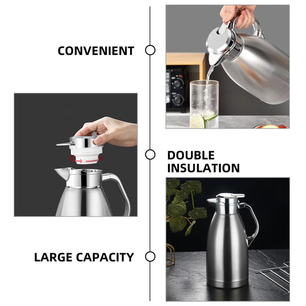 Théière Isotherme en Acier Inoxydable 2,3 L Argenté, Grosse Capacité