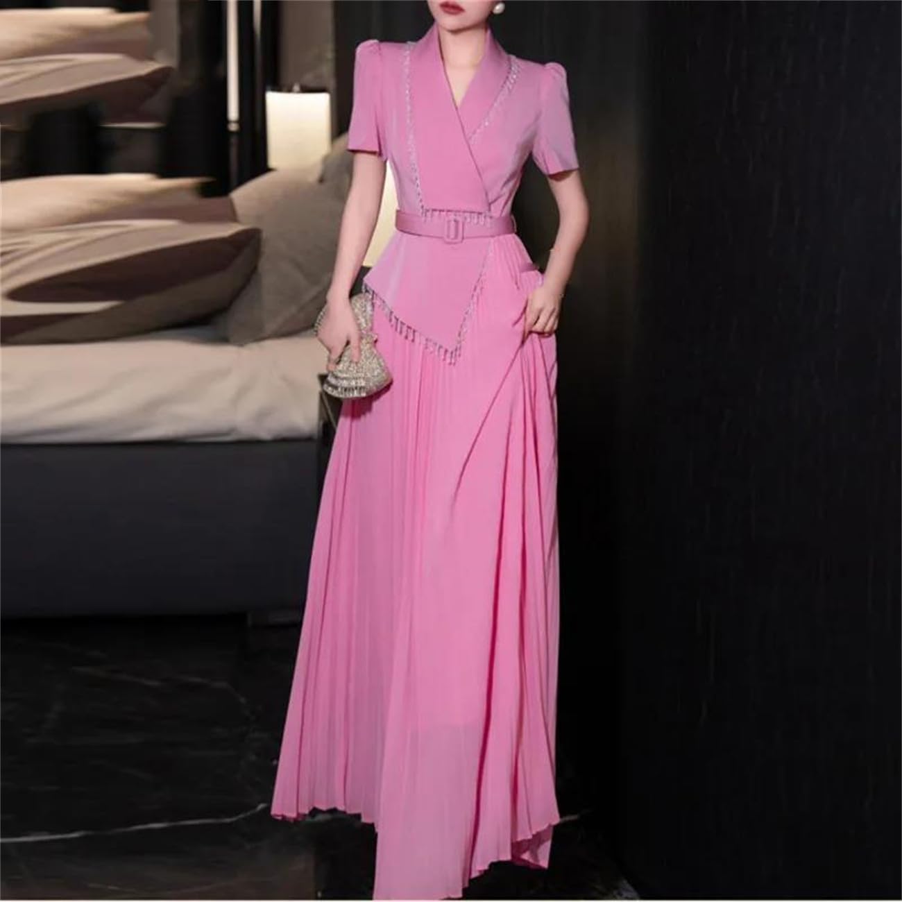 Yeuyyben Moda pieghe irregolare vestito donna girare giù collare manica corta cintura abiti