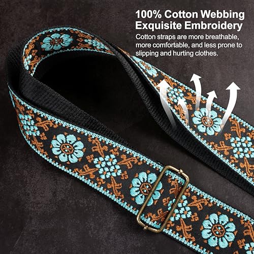 Image of Nefelibata Guitar Strap,Jacquard Embroidery Cotton Guitar Straps with Crazy Horse Leather Ends for Bass, Electric & Acoustic, Best Gifts for Kids, Guitarists(Blue flower embroidery)