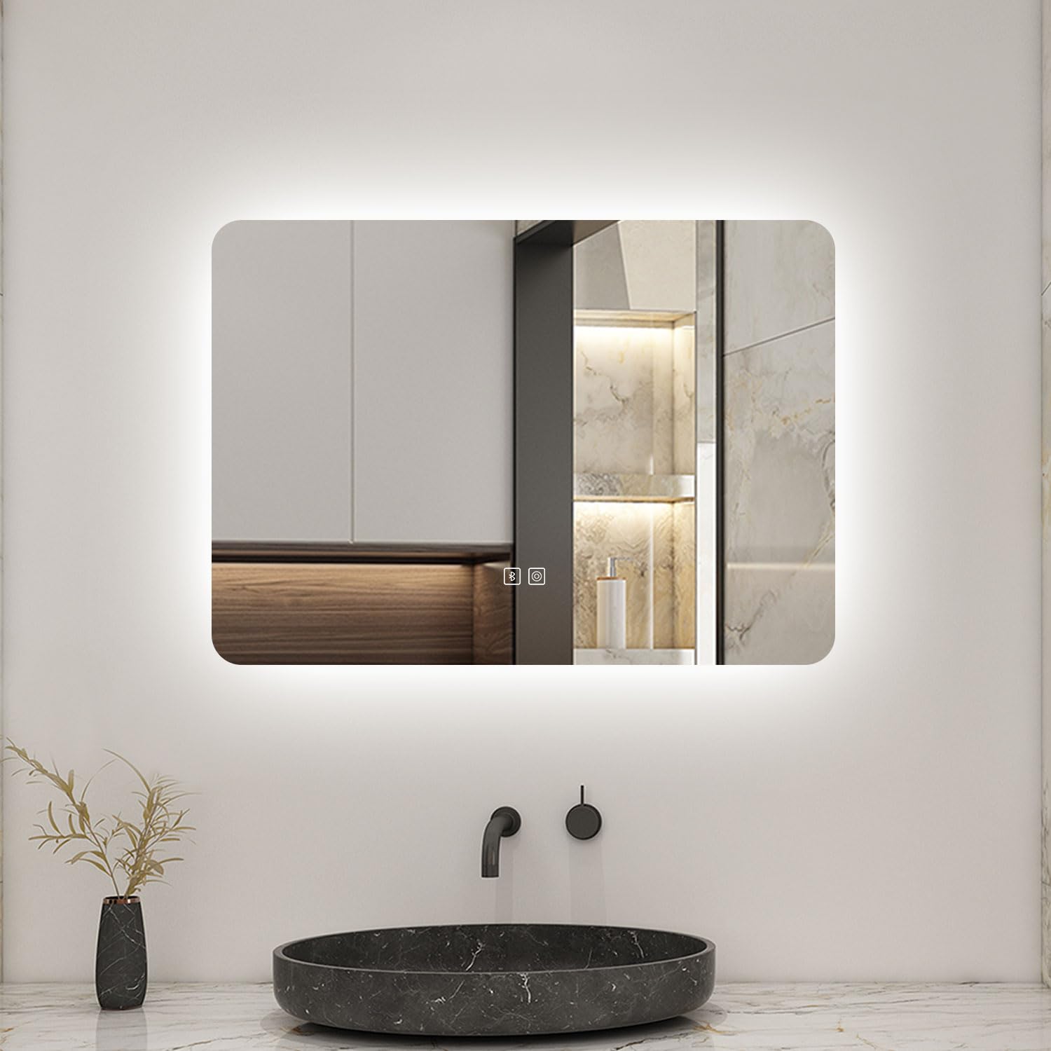 Biubiubath 500x700mm Backlit Bluetooth LED Bathroom Mirror with Shaver Socket and 2 USB Ports Dimmable 3 Colour with Demister Pad Touch Sensor Wall Switch Control Lights Vertical Horizontal
