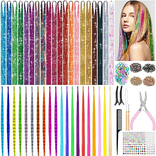 ROADPLUM Hair Tinsel Kit - 20 Colors, 4000 Strands & 10 Colors Hair Feathers & Silk Extensions, Heat Resistant Glitter Tinsel