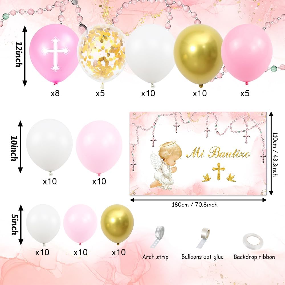 Mi Bautizo Decorations, Baptism Party Decorations Kit Pink Gold Balloon Garland Arch kit, Mi Bautizo Watercolor Backdrop Gold Cross Balloons Christening Baptism Party Supplies