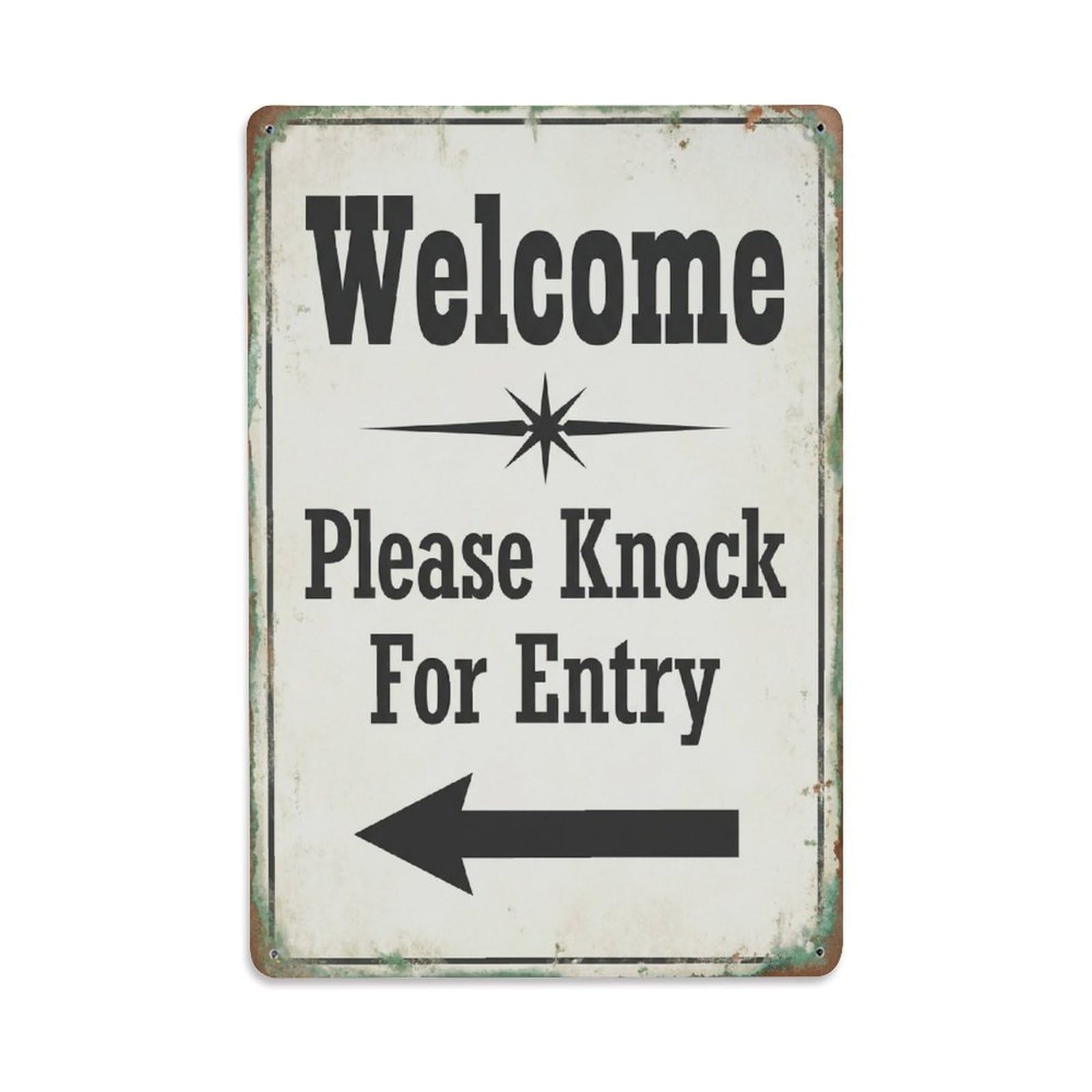 Metal Tin Sign Vintage Welcome Please Knock For Entry Arrow Star