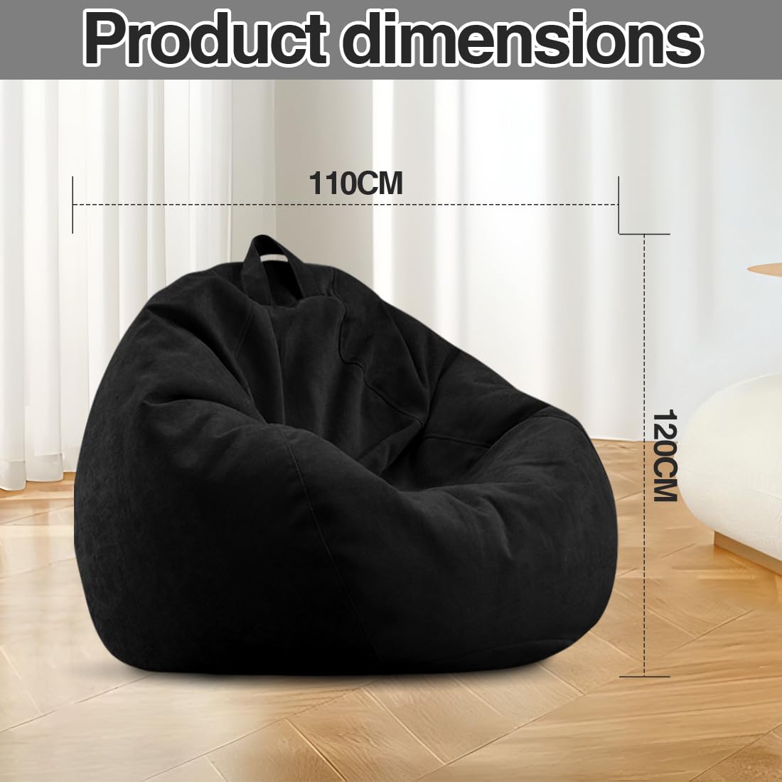 Pouf per bambini e adulti, 100 x 120 cm, pouf per adulti, grande sacco da gioco XL Bean Bag Chair, solo rivestimento, senza imbottitura, per interni ed esterni (nero)
