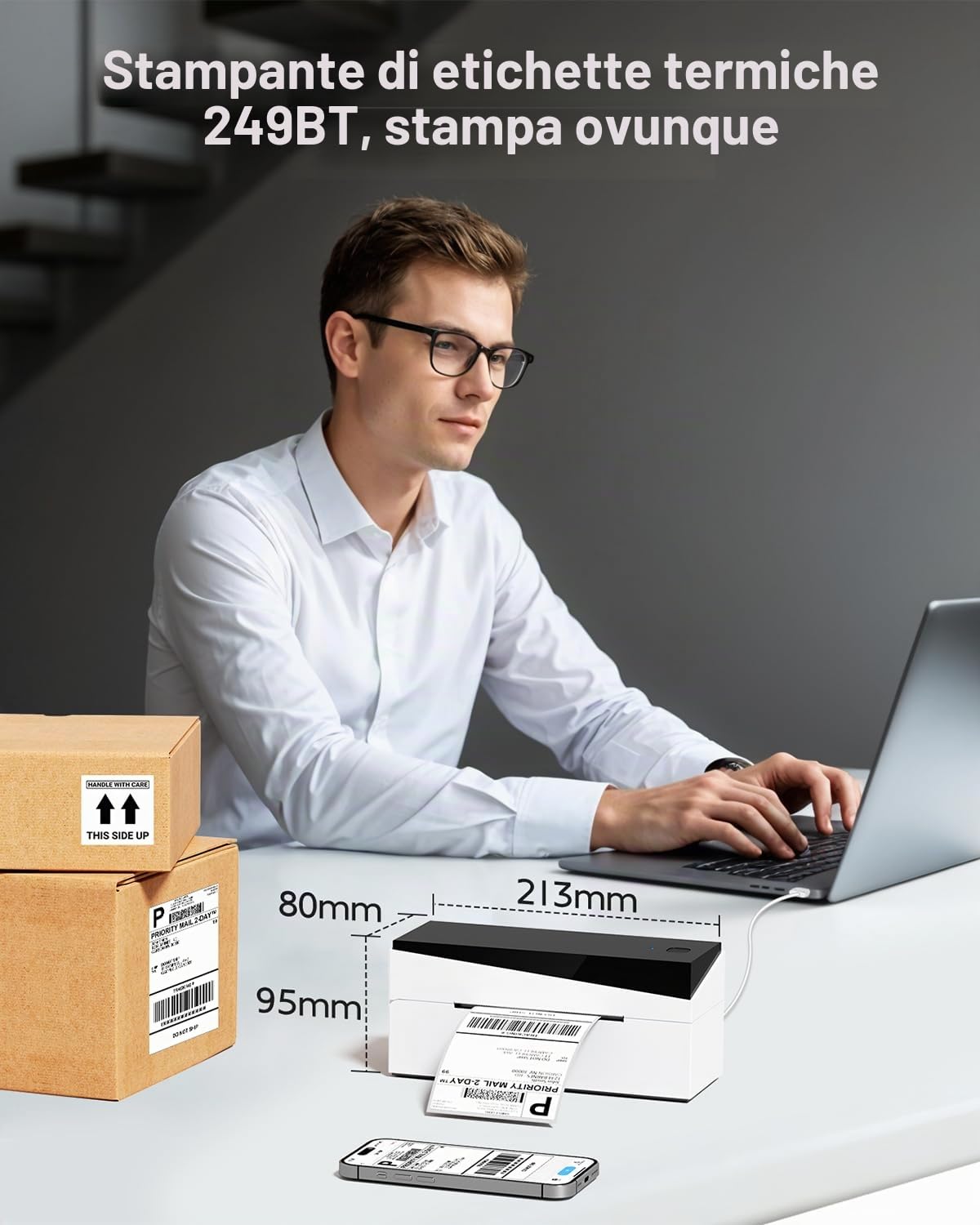 Stampante per etichette termica Bluetooth, stampante per etichette 4x6 per ufficio domestico e business, ampiamente utilizzata per Shopify, Amazon, compatibile con Android, iPhone, Windows