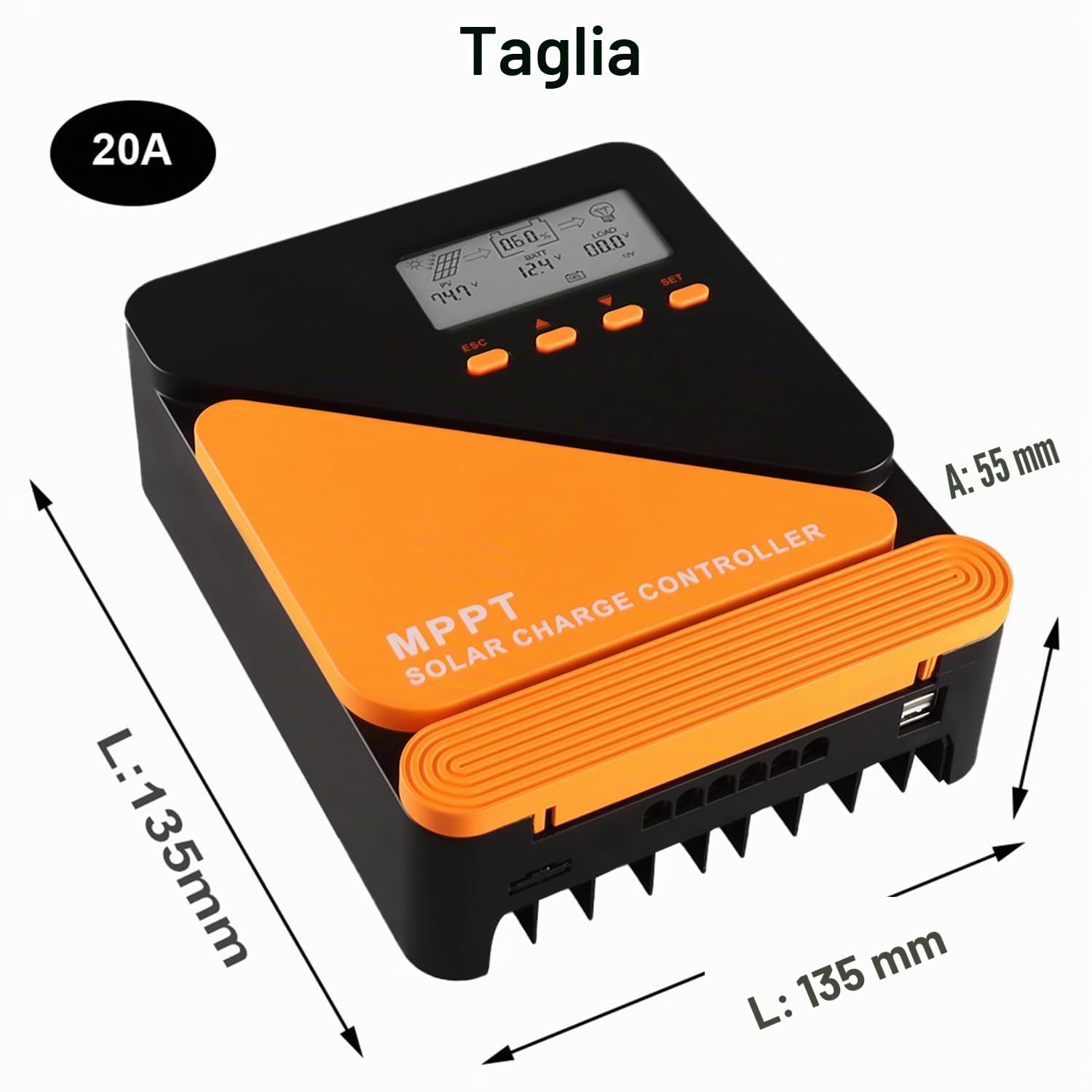 SolaMr 20A MPPT Regolatore di Carica Solare 12/24V Automatico con Display LCD e Doppia porta USB Regolatore di Batteria del Pannello Solare per Batterie al Gel e al Litio-GM-D20A