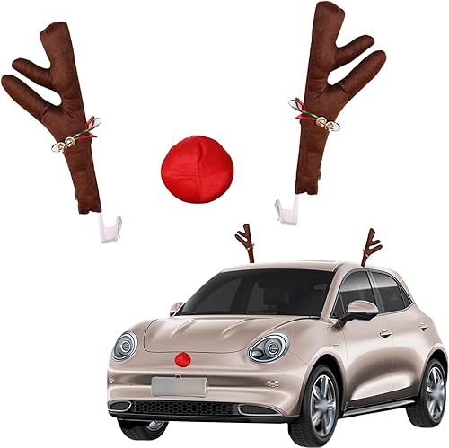 Ajxn 3 piezas de decoración de cuernos de automóvil, cuernos de alce, bonitos adornos de Navidad de tela suave con cascabeles, juego de nariz roja,