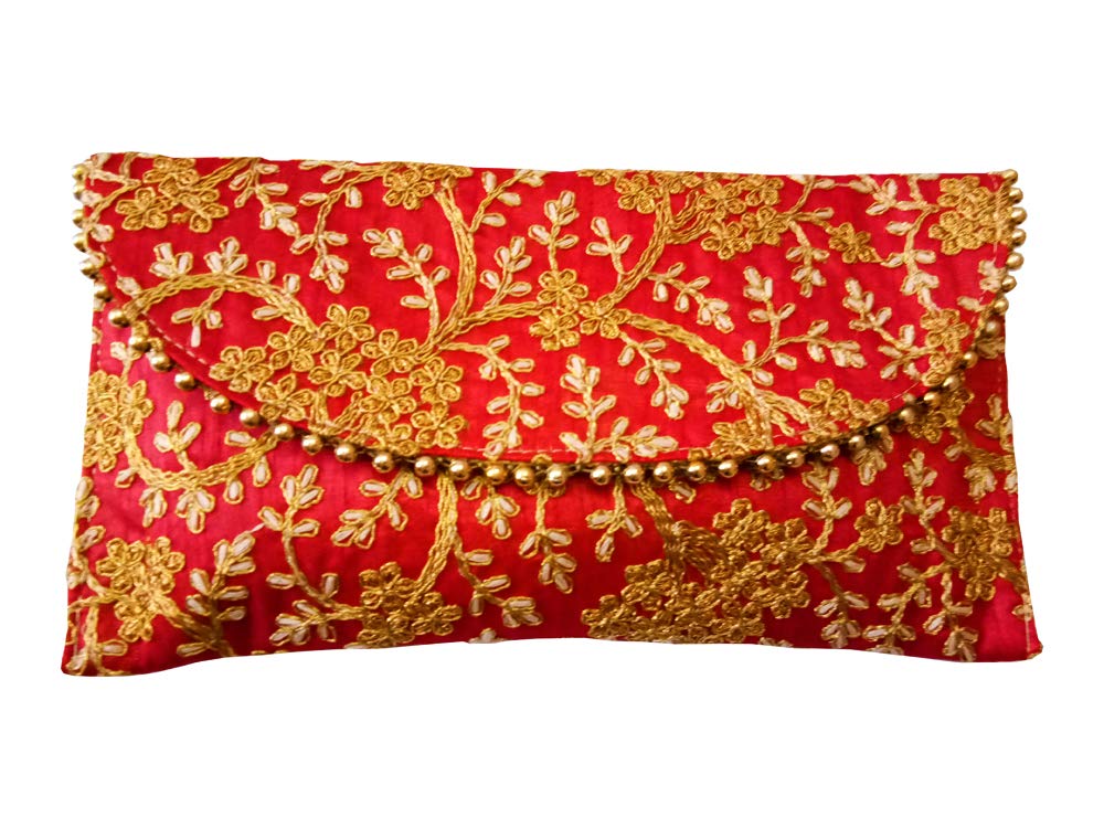 dms retail Floral Embroidered Clutch Purse For Women With Chain Strap Evening Party Clutch Bridal Ethnic Bag For Women (Red)-picture-53