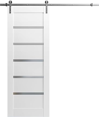Puerta corredera de granero con herrajes de acero inoxidable de 6.6ft Quadro 4117 seda blanca con vidrio opaco esmerilado perchas de barra de