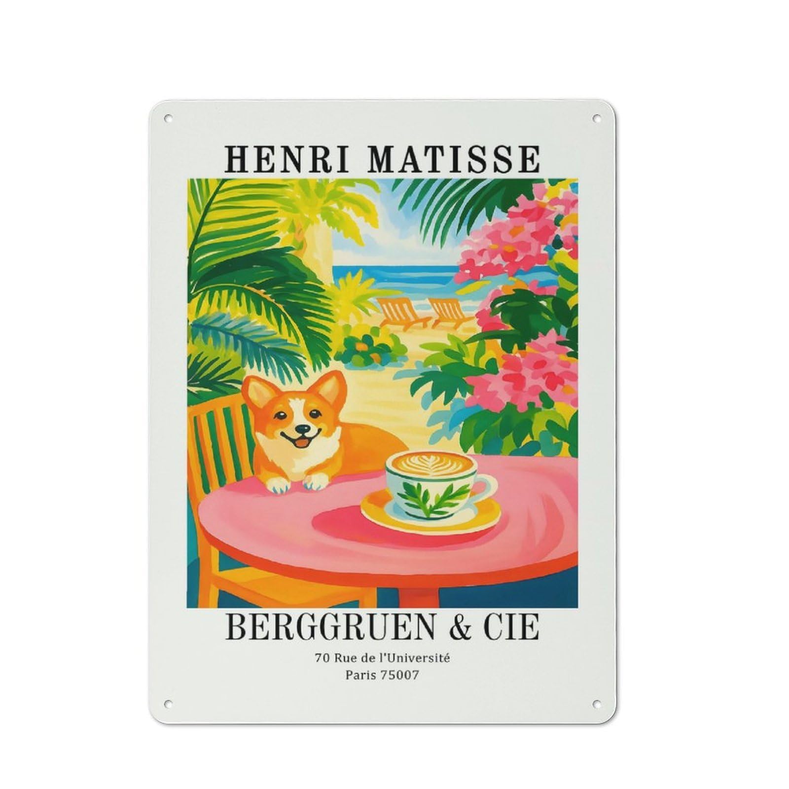 Junmoney Style-16 Casual Henri Matisse Corgi Beach Cafe Art Shed Metal Sign 40X30cm, Utility Space Decor For Shed, Garden Room, Porch Or Garage