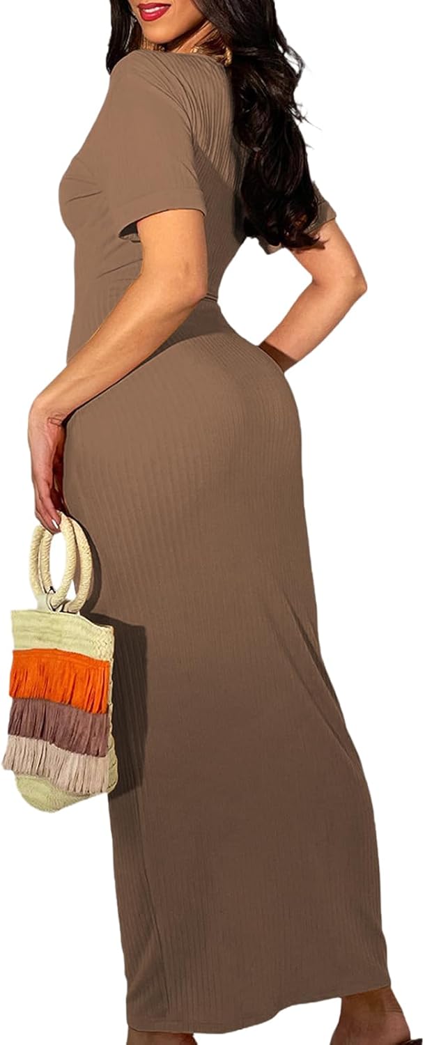 ZERMOM Women Ribbed Bodycon Maxi Dress Short Sleeve Crew Neck Fitted Casual Long Dresses - Image 2