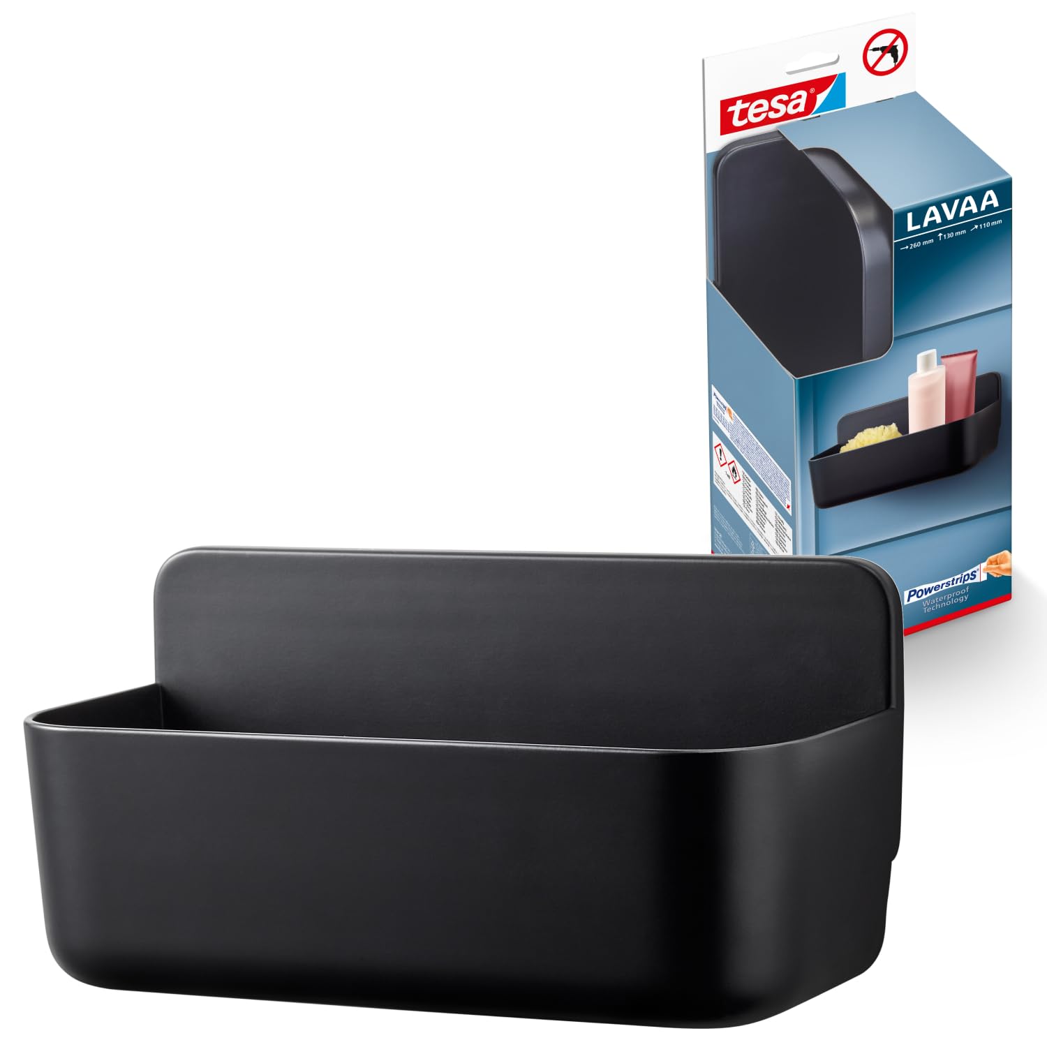 tesa Lavaa Duschkorb M, schwarz matt - Duschablage zur Wandmontage ohne Bohren, inkl Powerstrips Waterproof Strips XL - 260 mm x 130 mm x 110 mm