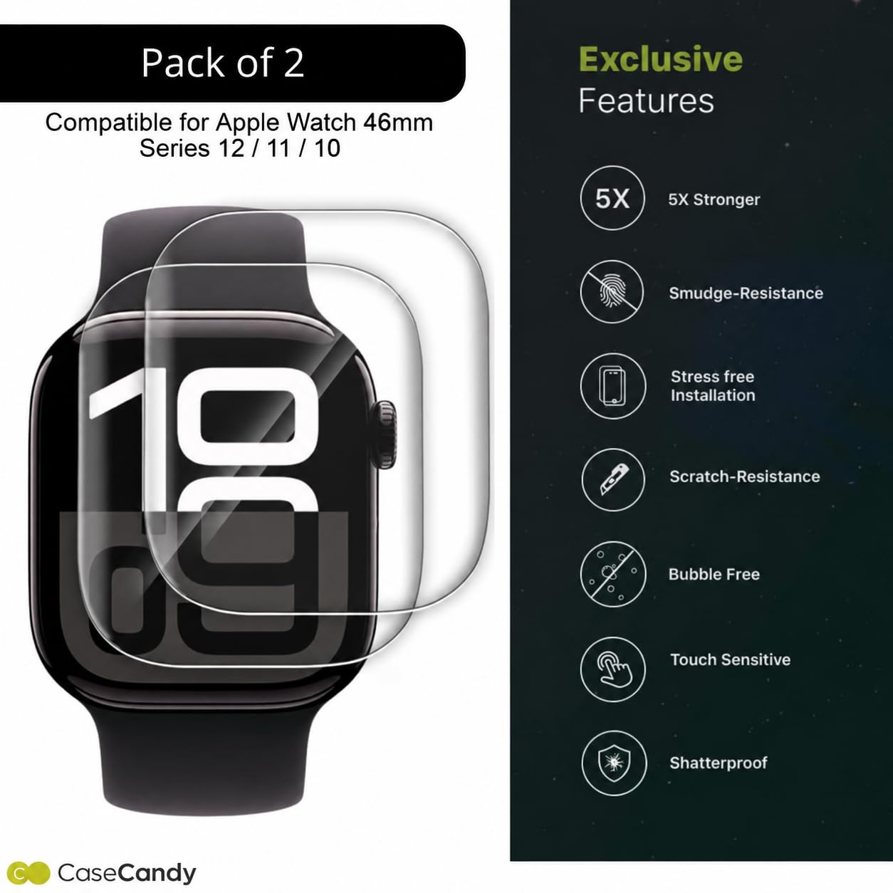 BIGFACE Casecandy® – [Pack of 2 Screen Protector Guard For Apple Watch 46mm Series 12/11/10 | HD Screen Guard for Apple Watch Series 12/ Series 11 / Series 10 46mm - HD/Easy Installation Kit — Amazon image 2