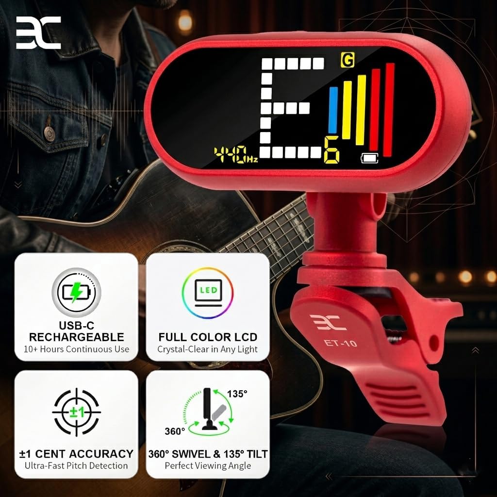 EX Professional Rechargeable Guitar Tuner Clip On, Accurate & Fast Tuner with Color LCD for Acoustic/Electric Guitar, Bass Guitar, Ukulele, Violin & Chromatic, Red