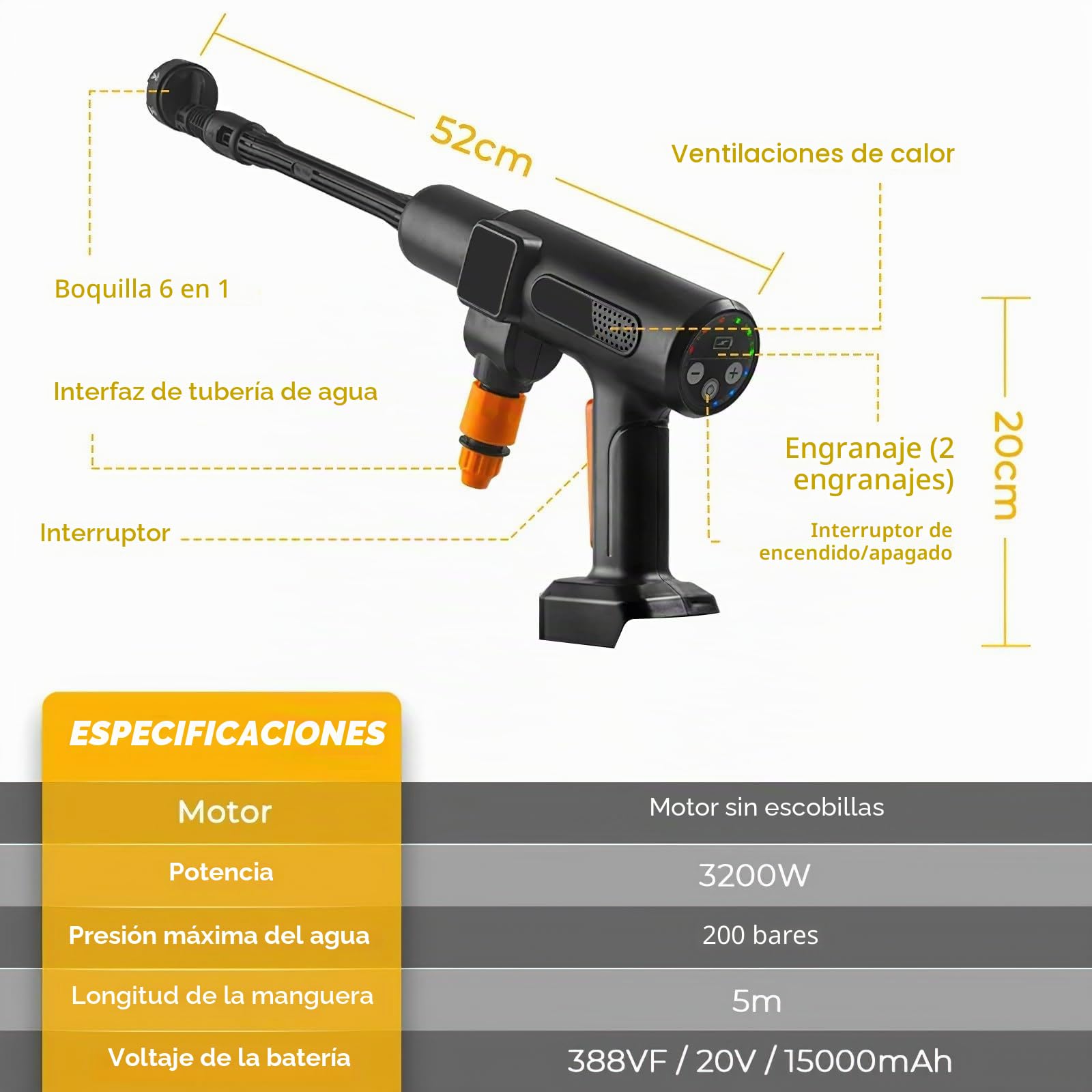 Limpiador de alta presión a batería, Max 200 bar con 15000 mah baterías, pulverizador de espuma, 6 en 1 multiuso boquilla y 180 ° boquilla giratoria para limpieza y riego